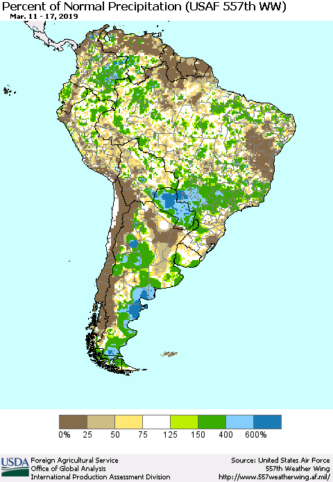 South America Percent of Normal Precipitation (USAF 557th WW) Thematic Map For 3/11/2019 - 3/17/2019