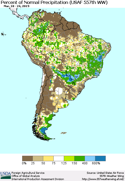 South America Percent of Normal Precipitation (USAF 557th WW) Thematic Map For 3/18/2019 - 3/24/2019