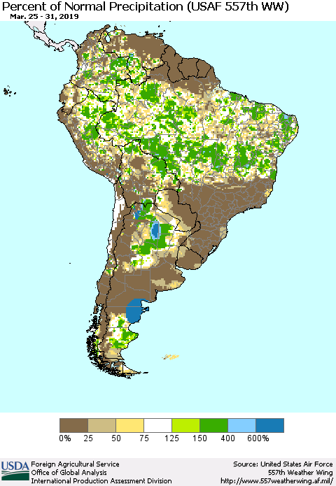 South America Percent of Normal Precipitation (USAF 557th WW) Thematic Map For 3/25/2019 - 3/31/2019