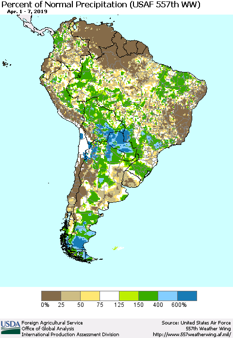 South America Percent of Normal Precipitation (USAF 557th WW) Thematic Map For 4/1/2019 - 4/7/2019