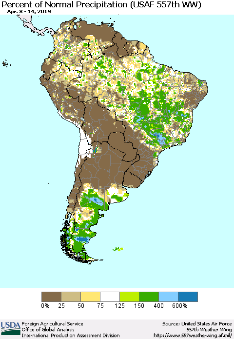 South America Percent of Normal Precipitation (USAF 557th WW) Thematic Map For 4/8/2019 - 4/14/2019