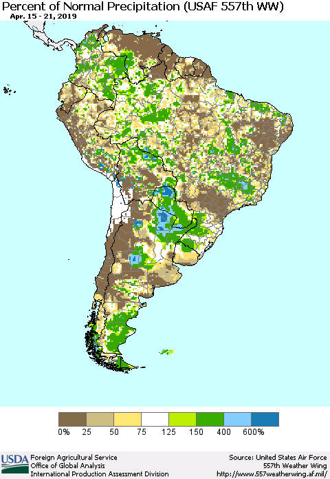South America Percent of Normal Precipitation (USAF 557th WW) Thematic Map For 4/15/2019 - 4/21/2019