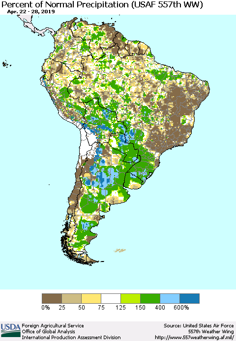South America Percent of Normal Precipitation (USAF 557th WW) Thematic Map For 4/22/2019 - 4/28/2019