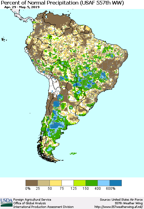 South America Percent of Normal Precipitation (USAF 557th WW) Thematic Map For 4/29/2019 - 5/5/2019