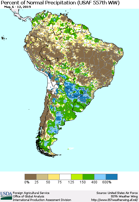 South America Percent of Normal Precipitation (USAF 557th WW) Thematic Map For 5/6/2019 - 5/12/2019