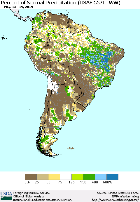 South America Percent of Normal Precipitation (USAF 557th WW) Thematic Map For 5/13/2019 - 5/19/2019
