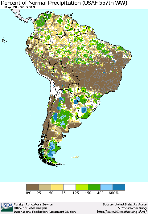 South America Percent of Normal Precipitation (USAF 557th WW) Thematic Map For 5/20/2019 - 5/26/2019