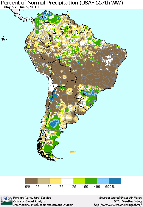 South America Percent of Normal Precipitation (USAF 557th WW) Thematic Map For 5/27/2019 - 6/2/2019
