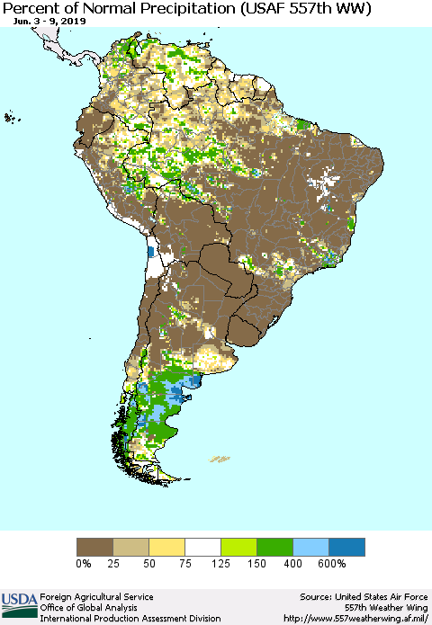 South America Percent of Normal Precipitation (USAF 557th WW) Thematic Map For 6/3/2019 - 6/9/2019