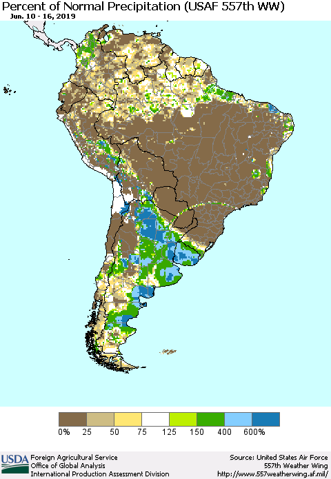 South America Percent of Normal Precipitation (USAF 557th WW) Thematic Map For 6/10/2019 - 6/16/2019
