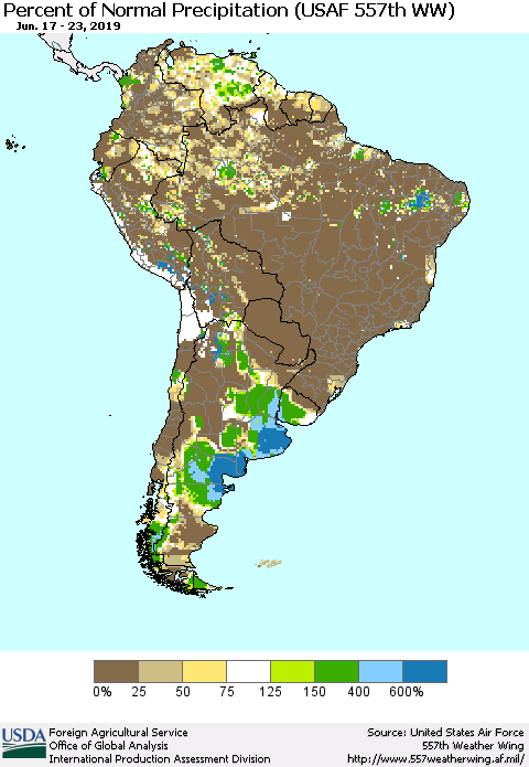 South America Percent of Normal Precipitation (USAF 557th WW) Thematic Map For 6/17/2019 - 6/23/2019