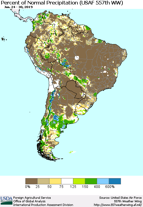South America Percent of Normal Precipitation (USAF 557th WW) Thematic Map For 6/24/2019 - 6/30/2019