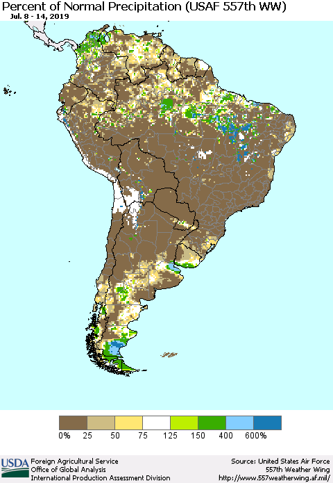 South America Percent of Normal Precipitation (USAF 557th WW) Thematic Map For 7/8/2019 - 7/14/2019