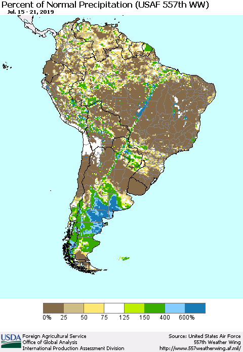 South America Percent of Normal Precipitation (USAF 557th WW) Thematic Map For 7/15/2019 - 7/21/2019