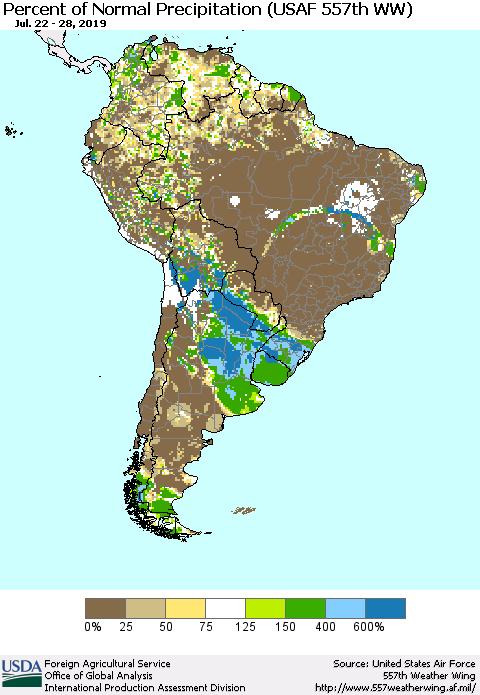 South America Percent of Normal Precipitation (USAF 557th WW) Thematic Map For 7/22/2019 - 7/28/2019