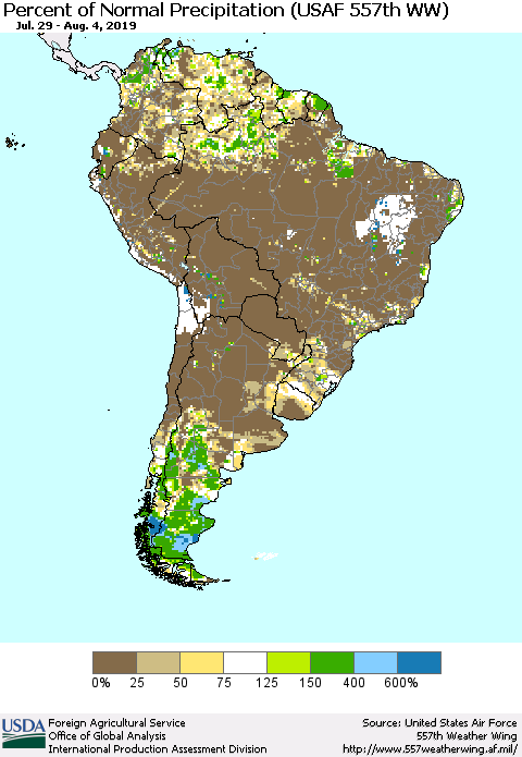 South America Percent of Normal Precipitation (USAF 557th WW) Thematic Map For 7/29/2019 - 8/4/2019