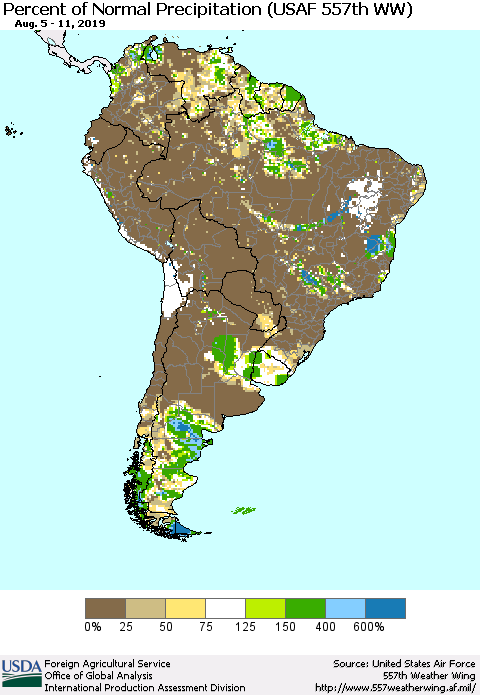 South America Percent of Normal Precipitation (USAF 557th WW) Thematic Map For 8/5/2019 - 8/11/2019