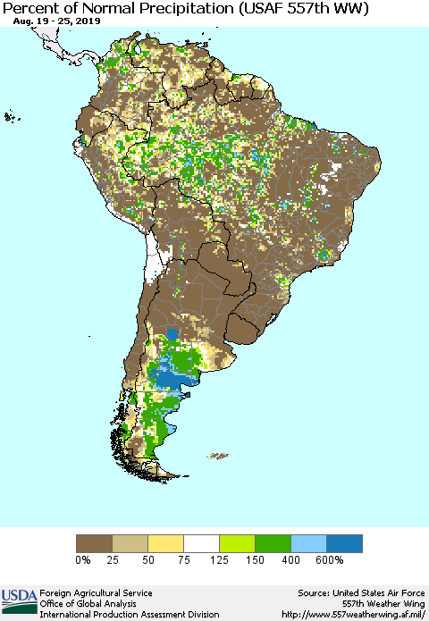 South America Percent of Normal Precipitation (USAF 557th WW) Thematic Map For 8/19/2019 - 8/25/2019