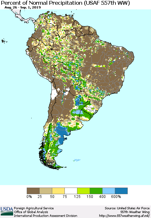 South America Percent of Normal Precipitation (USAF 557th WW) Thematic Map For 8/26/2019 - 9/1/2019