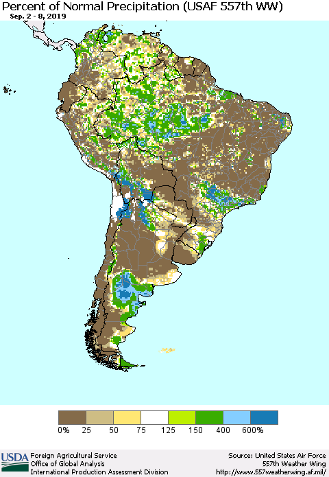 South America Percent of Normal Precipitation (USAF 557th WW) Thematic Map For 9/2/2019 - 9/8/2019