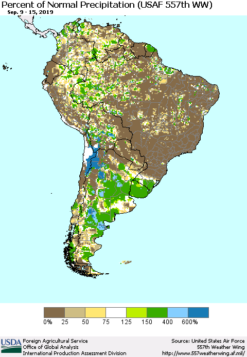 South America Percent of Normal Precipitation (USAF 557th WW) Thematic Map For 9/9/2019 - 9/15/2019