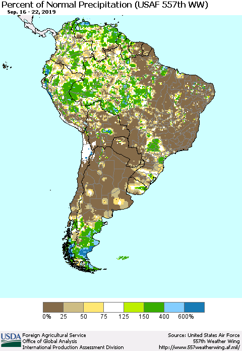 South America Percent of Normal Precipitation (USAF 557th WW) Thematic Map For 9/16/2019 - 9/22/2019