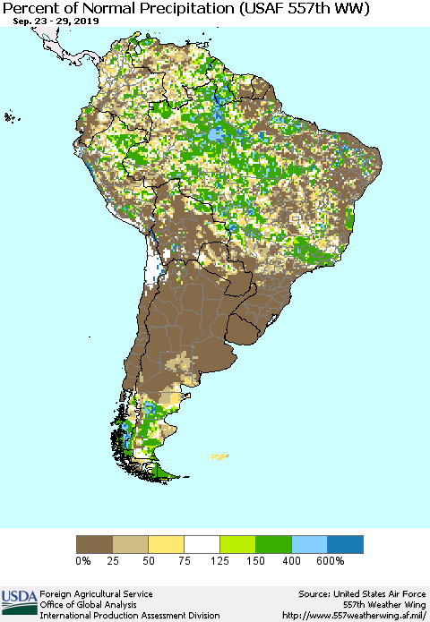 South America Percent of Normal Precipitation (USAF 557th WW) Thematic Map For 9/23/2019 - 9/29/2019