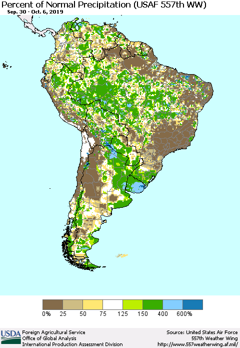 South America Percent of Normal Precipitation (USAF 557th WW) Thematic Map For 9/30/2019 - 10/6/2019