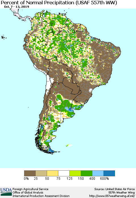 South America Percent of Normal Precipitation (USAF 557th WW) Thematic Map For 10/7/2019 - 10/13/2019