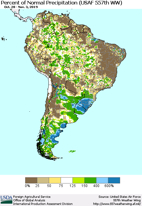 South America Percent of Normal Precipitation (USAF 557th WW) Thematic Map For 10/28/2019 - 11/3/2019
