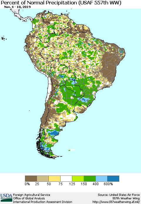 South America Percent of Normal Precipitation (USAF 557th WW) Thematic Map For 11/4/2019 - 11/10/2019