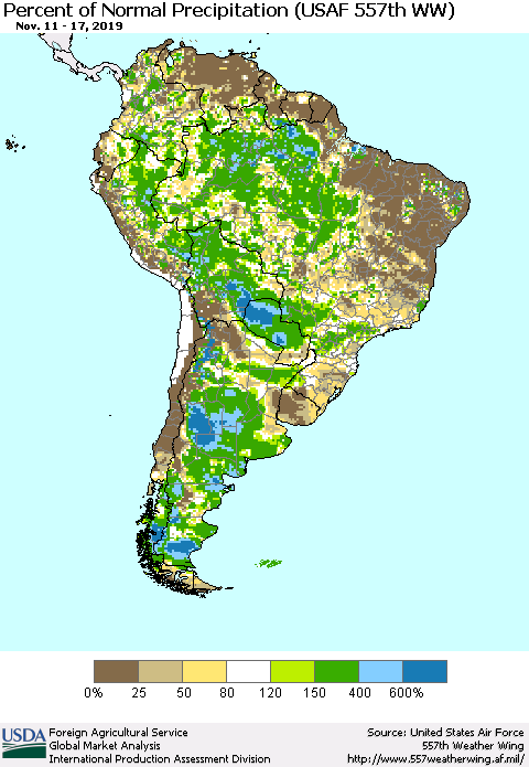 South America Percent of Normal Precipitation (USAF 557th WW) Thematic Map For 11/11/2019 - 11/17/2019