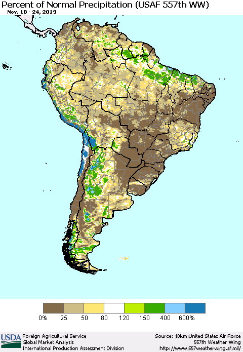 South America Percent of Normal Precipitation (USAF 557th WW) Thematic Map For 11/18/2019 - 11/24/2019