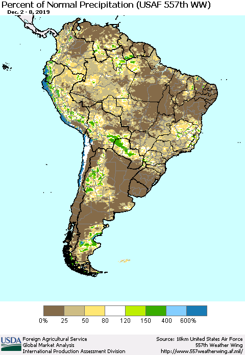 South America Percent of Normal Precipitation (USAF 557th WW) Thematic Map For 12/2/2019 - 12/8/2019