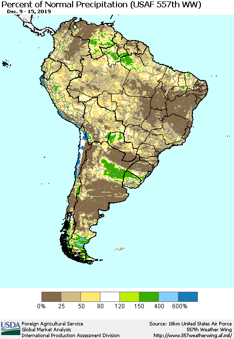South America Percent of Normal Precipitation (USAF 557th WW) Thematic Map For 12/9/2019 - 12/15/2019
