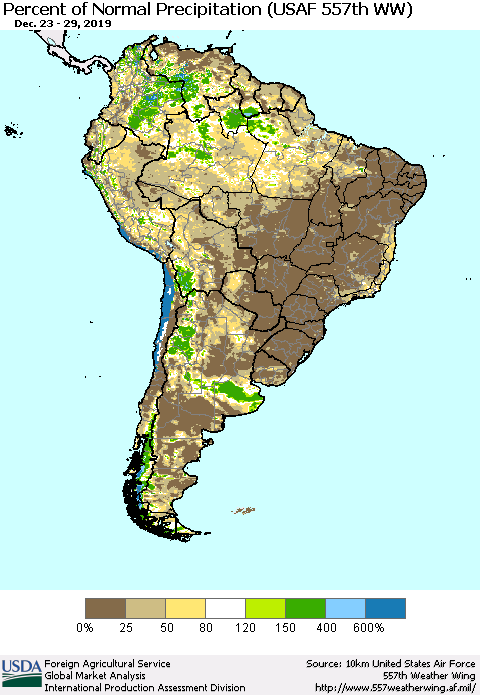 South America Percent of Normal Precipitation (USAF 557th WW) Thematic Map For 12/23/2019 - 12/29/2019