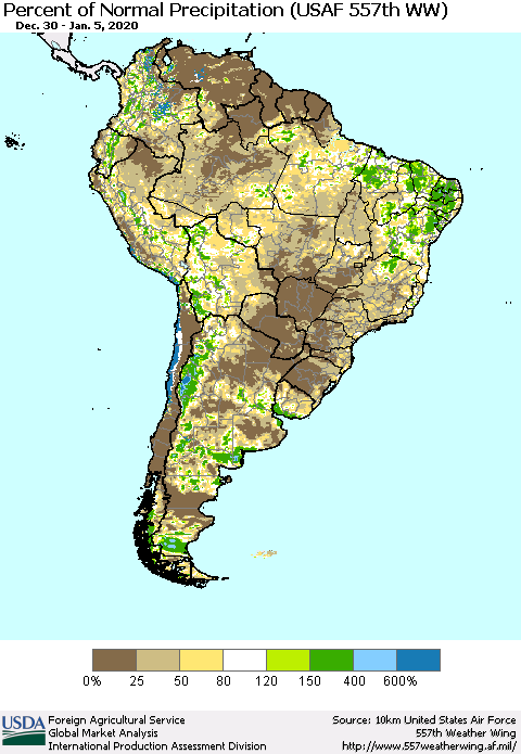South America Percent of Normal Precipitation (USAF 557th WW) Thematic Map For 12/30/2019 - 1/5/2020