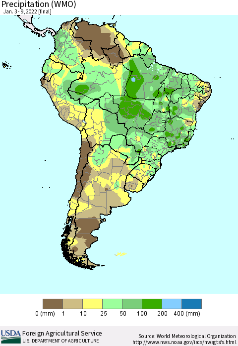 South America Precipitation (WMO) Thematic Map For 1/3/2022 - 1/9/2022