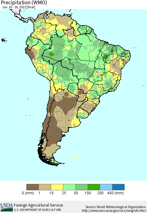 South America Precipitation (WMO) Thematic Map For 1/10/2022 - 1/16/2022