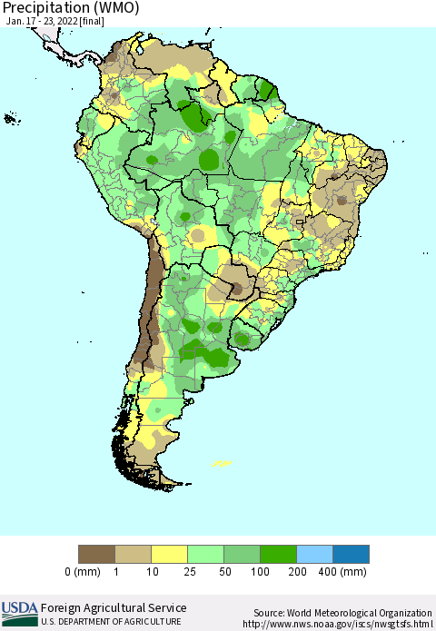 South America Precipitation (WMO) Thematic Map For 1/17/2022 - 1/23/2022