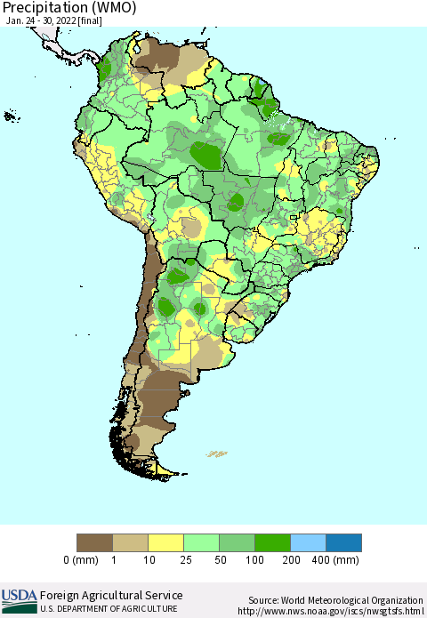South America Precipitation (WMO) Thematic Map For 1/24/2022 - 1/30/2022
