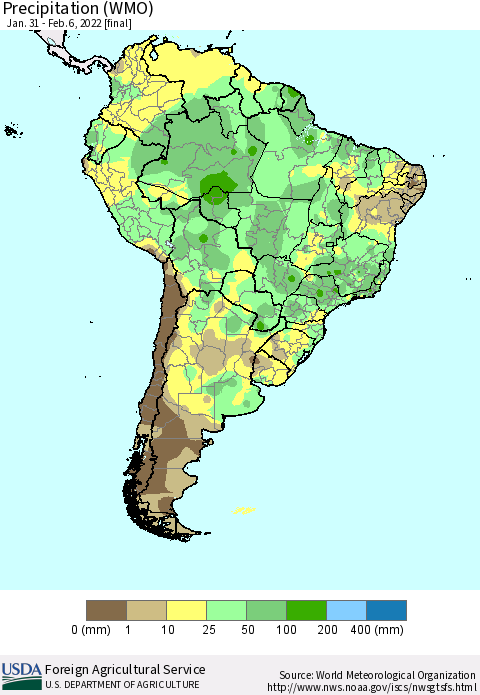South America Precipitation (WMO) Thematic Map For 1/31/2022 - 2/6/2022