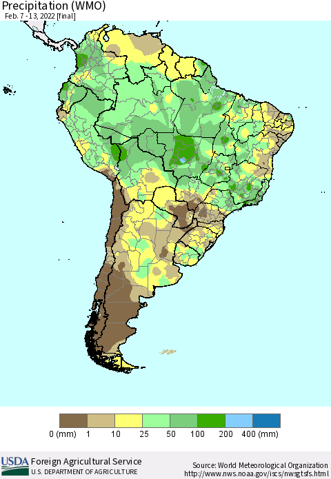 South America Precipitation (WMO) Thematic Map For 2/7/2022 - 2/13/2022