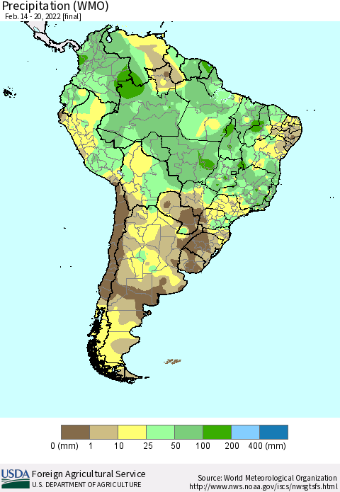 South America Precipitation (WMO) Thematic Map For 2/14/2022 - 2/20/2022