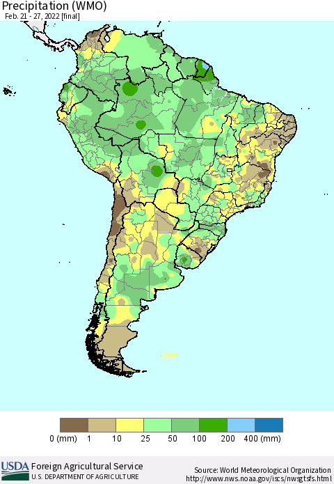 South America Precipitation (WMO) Thematic Map For 2/21/2022 - 2/27/2022