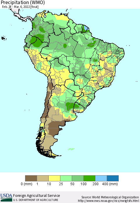 South America Precipitation (WMO) Thematic Map For 2/28/2022 - 3/6/2022