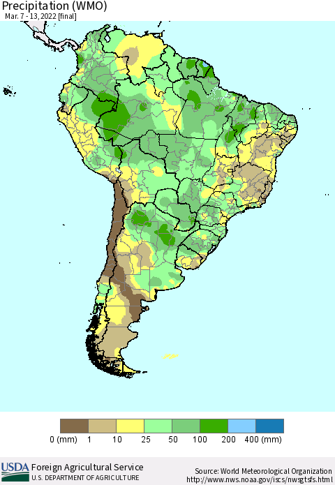 South America Precipitation (WMO) Thematic Map For 3/7/2022 - 3/13/2022