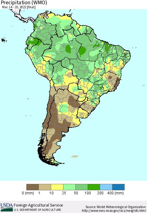 South America Precipitation (WMO) Thematic Map For 3/14/2022 - 3/20/2022