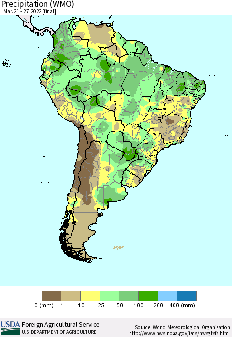 South America Precipitation (WMO) Thematic Map For 3/21/2022 - 3/27/2022