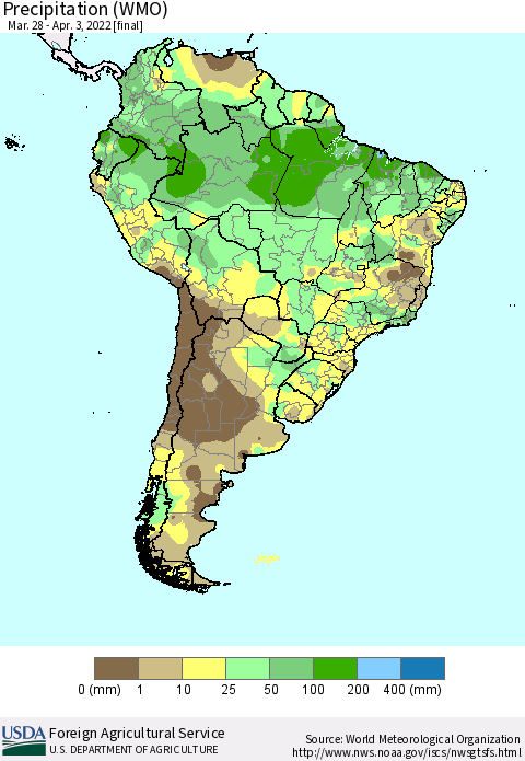 South America Precipitation (WMO) Thematic Map For 3/28/2022 - 4/3/2022